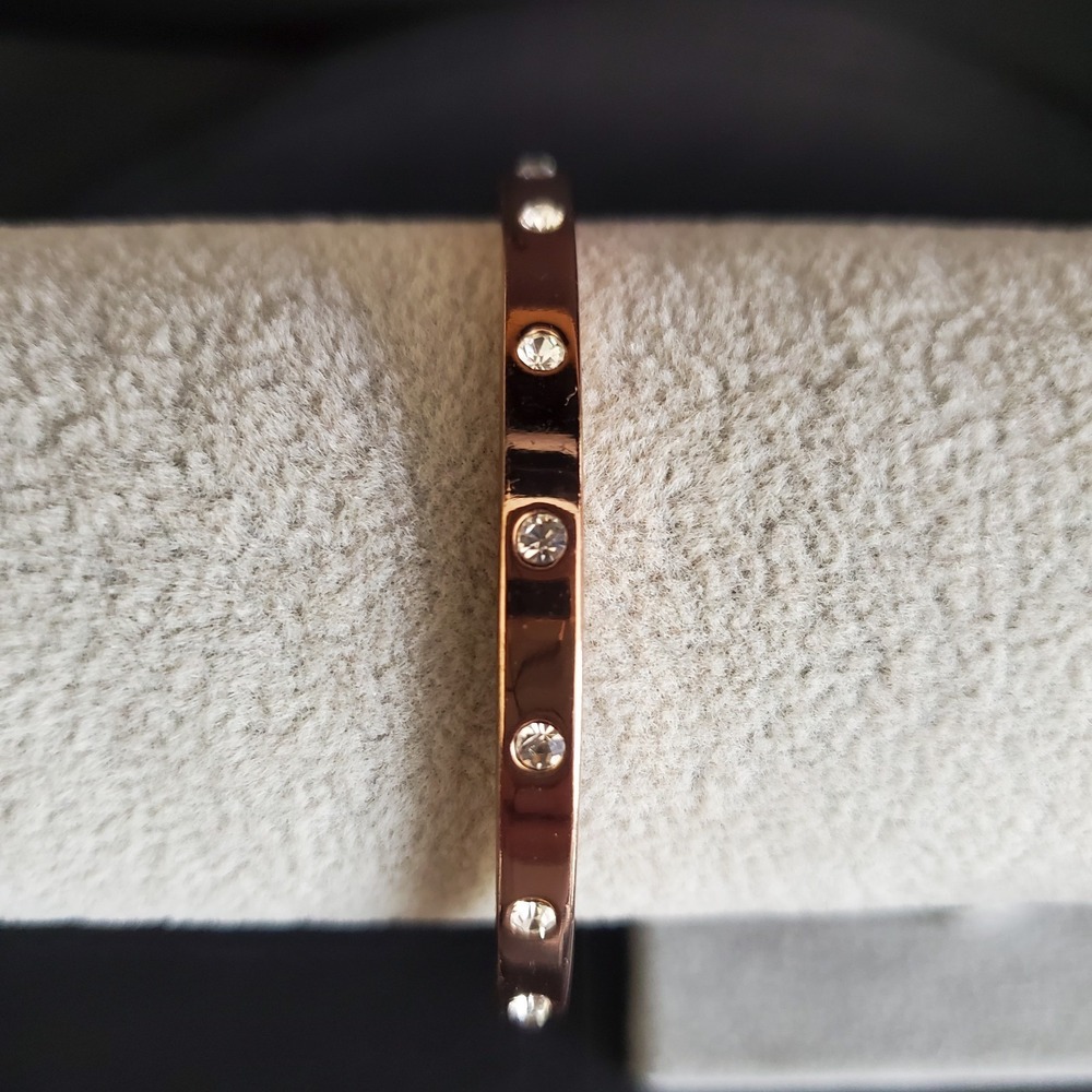 Kate Spade Set In Stone Hinged Bangle Rose Gold Plate with Clear Crystals Signed - Picture 9 of 9
